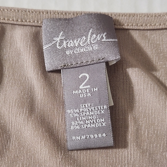 Chico's Travelers Blouse Tiered Gold Shimmer Slinky 3/4 Sleeve Stretch Size 2/12 - Picture 12 of 12